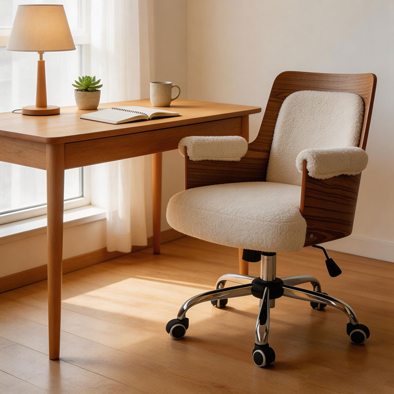 YUMMY, Walnut Bentwood Office Chair, Modern Computer Chair, Teddy Fabric Adjustable Chair with Wheels