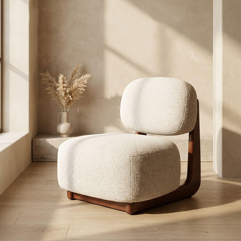 ISLA White Boucle Fabric, Wooden Base, Armless Oversized Decorative Chair / Recliner
