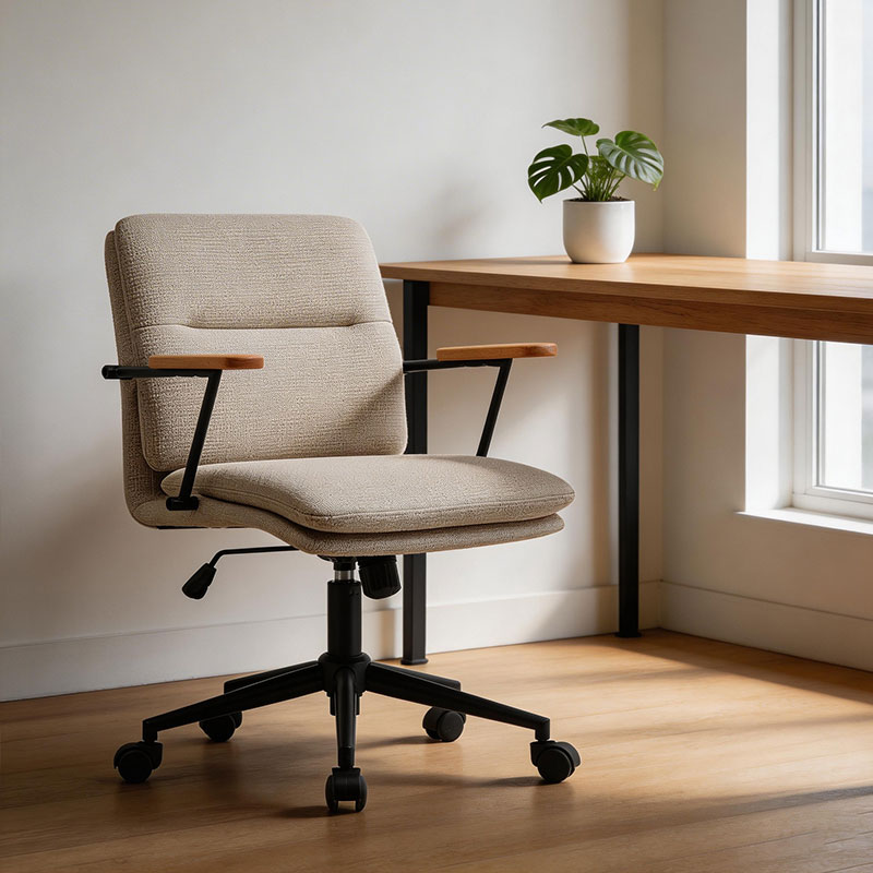 AMY, Fabric Upholstery Office Chair, Padded Cushion, Wood Armrest, Modern Style with Wheels