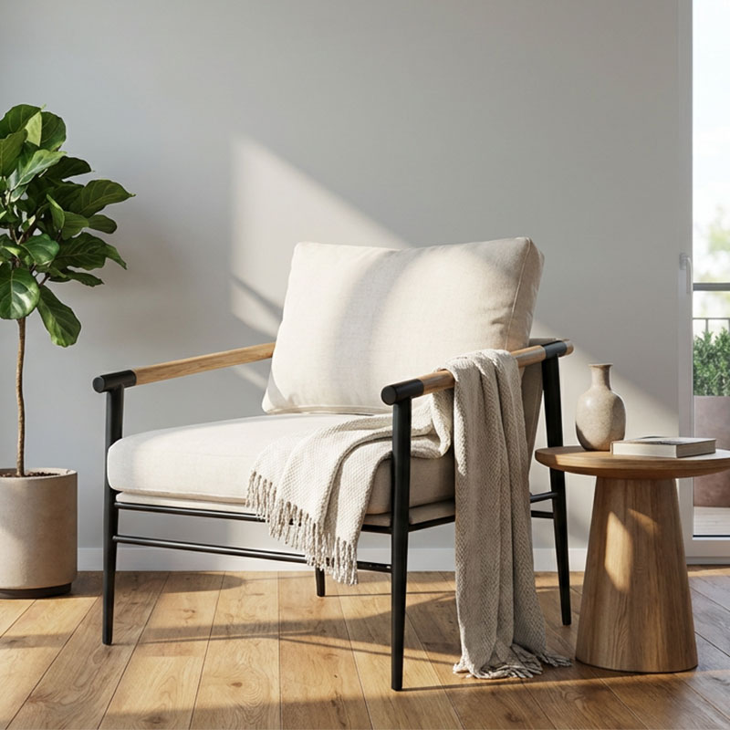 MIRANDA Metal Frame, Wooden Armrests, Minimalist Fabric Upholstered Chair