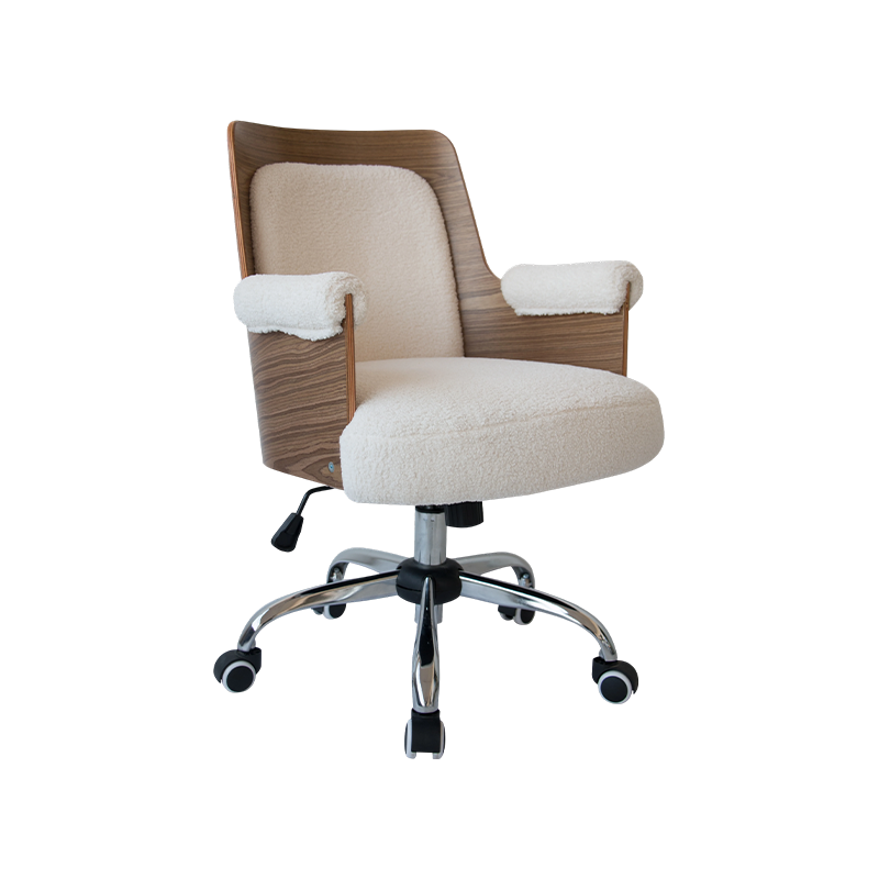 YUMMY, Walnut Bentwood Office Chair, Modern Computer Chair, Teddy Fabric Adjustable Chair with Wheels