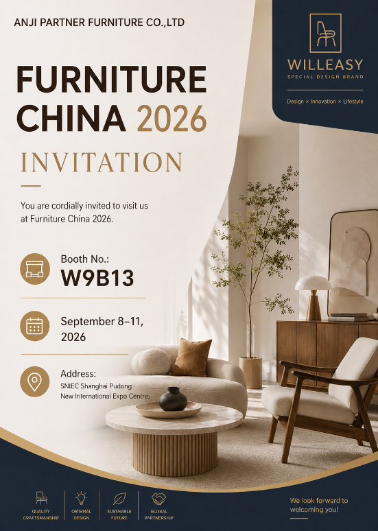 Anji Partner Furniture invitation poster for Furniture China 2026, booth W9B13, SNIEC Shanghai